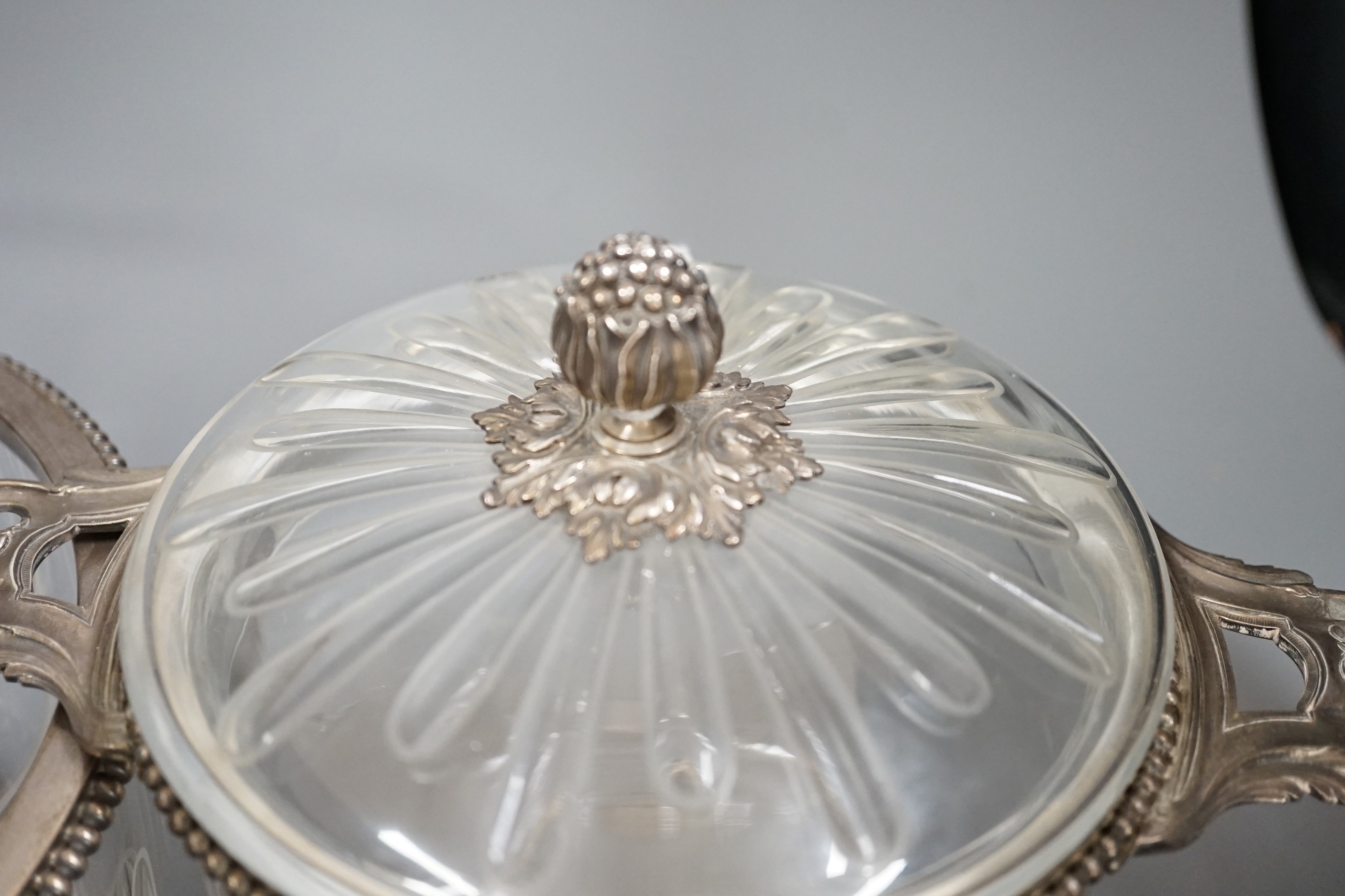 An early 20th century French white metal mounted cut glass caviar set, by Amelie Cardeilhac, Paris, with beaded borders, bowl diameter 24.4cm.